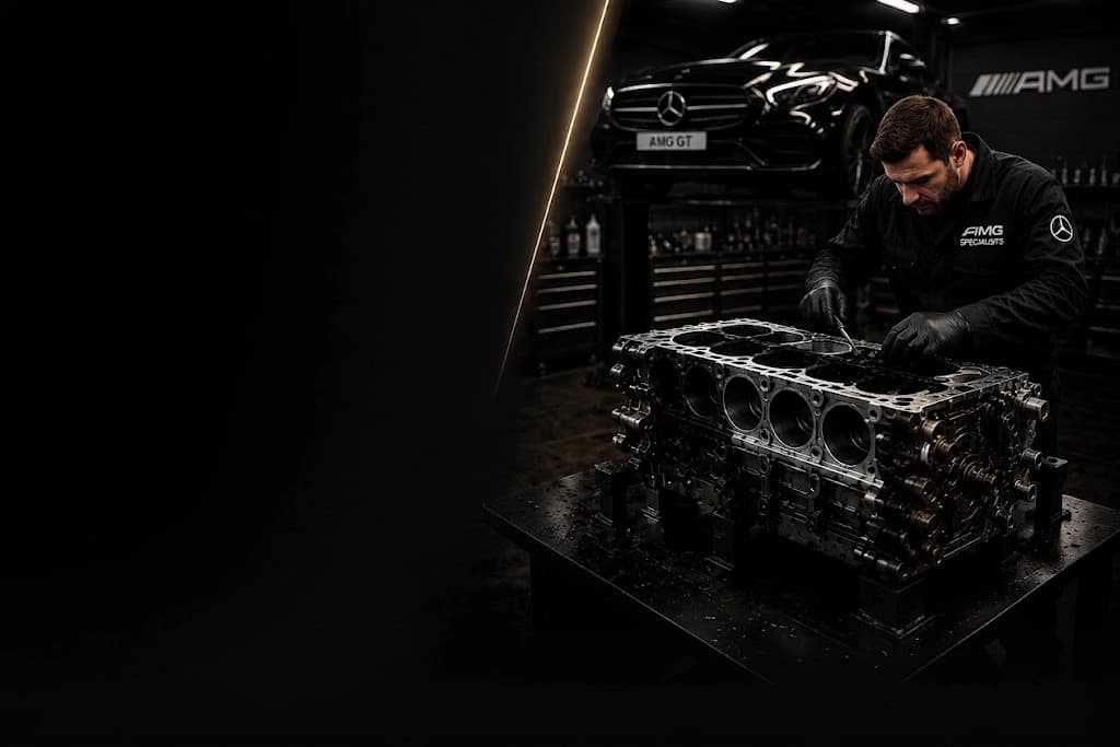 Land Rover technician rebuilding a AMG GT 53 engine block