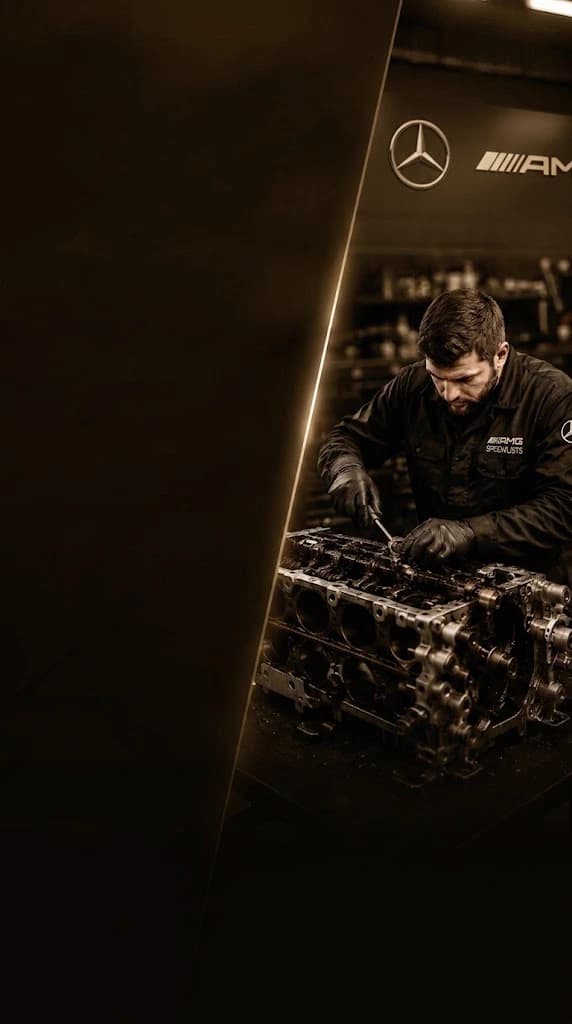 Land Rover technician rebuilding a AMG GT 53 engine block