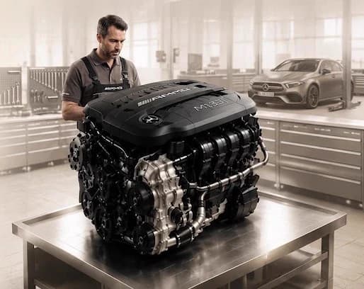 Land Rover engine on workshop stand