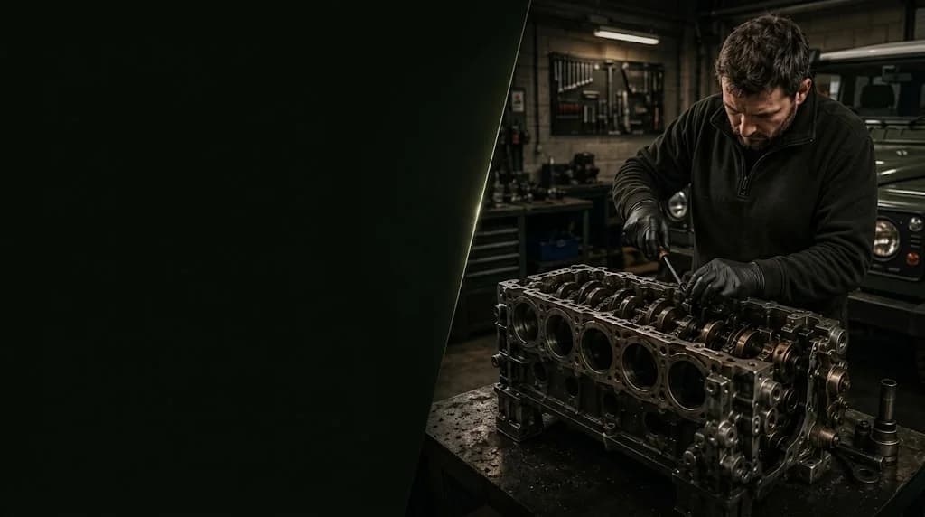 Land Rover technician rebuilding an engine block